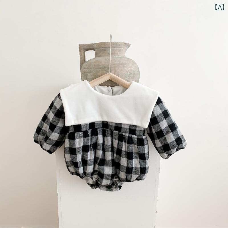 ベビー服 女の子 韓国風 スクール風 プレッピースタイル かわいい レトロ 秋冬 防寒 中綿入り 厚手 あったか 長袖 カバーオール ロンパース コットン