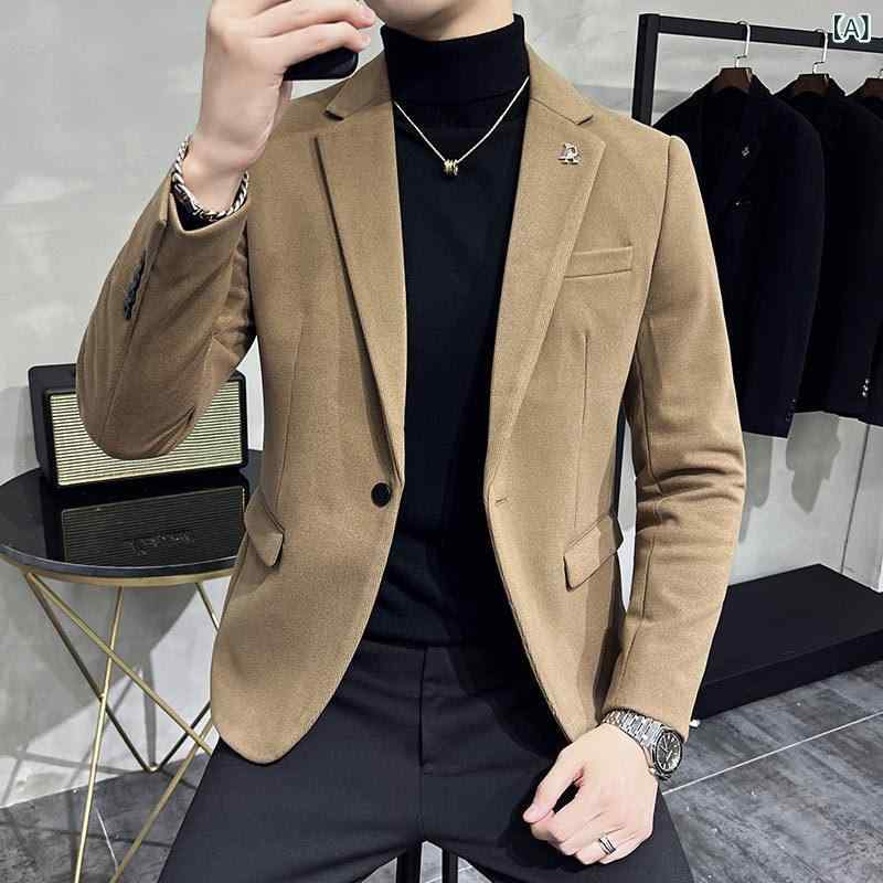 ジャケット 男性用 冬物 厚手 カジュアル テーラードジャケット ノーアイロン 形態安定 一つボタン スリムフィット ブラウン コーヒー色 ポリエステル 普段使い ビジネス