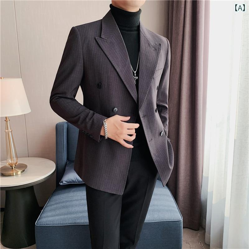 ジャケット メンズ 男性用 冬 秋冬 厚手 ダブルブレスト ストライプ柄 韓国風 スリムフィット 上品 ビジネス オフィス 通勤 カジュアル 普段使い フォーマル パーティー セレモニー 綿混紡 ポリエステル 形状記憶