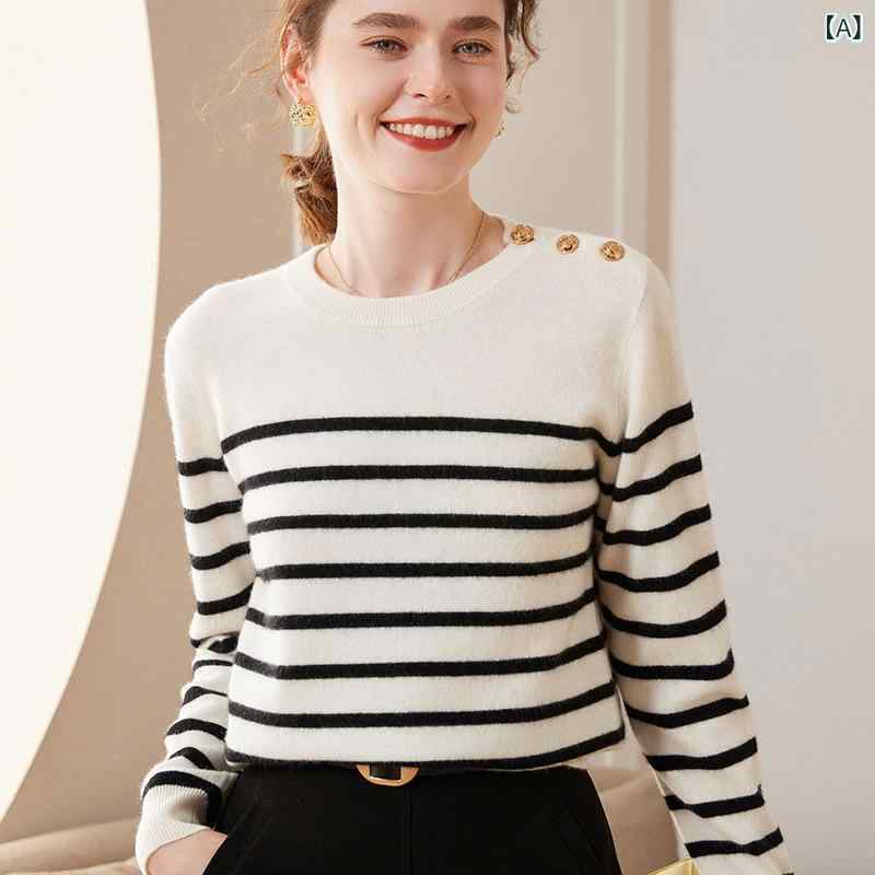 ニット レディース 女性用 カシミヤ セーター トップス プルオーバー クルーネック 丸首 ゆったり オーバーサイズ ボーダー ストライプ柄 厚手 秋冬 通勤 オフィス カジュアル ブラック ホワイト