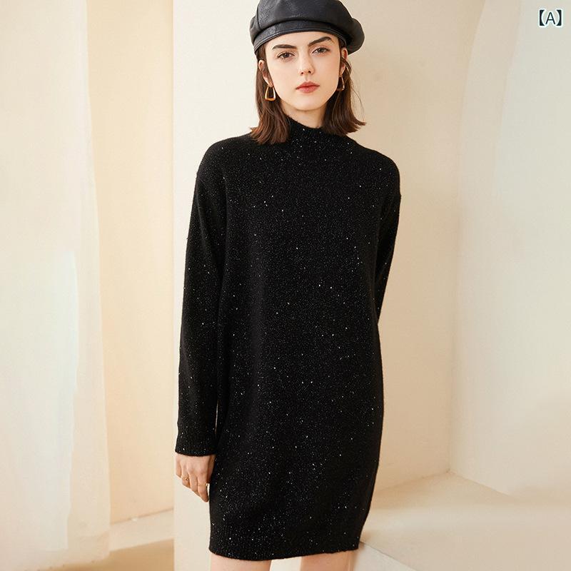 ニットワンピース レディース 秋冬 カシミヤ 厚手 保温 暖か ミドル丈 ゆったり クルーネック プルオーバー 重ね着 上品 きれいめ オフィス 通勤 デイリー