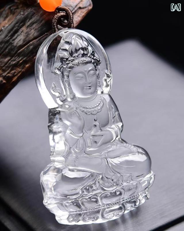 ネックレス 天然石 白水晶 観音像 守護仏 お守り ペンダント ロングネックレス アクセサリー ジュエリー レトロ 民族風 文芸風 アンティーク調 普段使い 開運 縁起物|ラ・グラーヌ