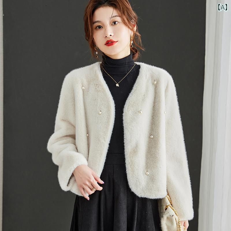 フェイクファーコート レディース 女性用 Vネック ショート丈 長袖 秋冬 上品 エレガント きれいめ カジュアル フェイクミンクファー 切り替えデザイン アウター オフホワイト