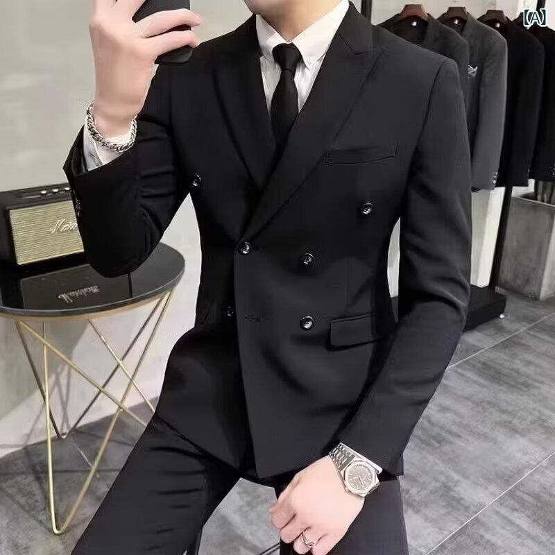 スーツジャケット メンズ 春秋 ダブルブレスト スリムフィット 高級感 テーラード フォーマル 結婚式 ビジネス 通勤 カジュアル 上品 きれいめ ポリエステル シワになりにくい ブラック グレー ブラウン グリーン