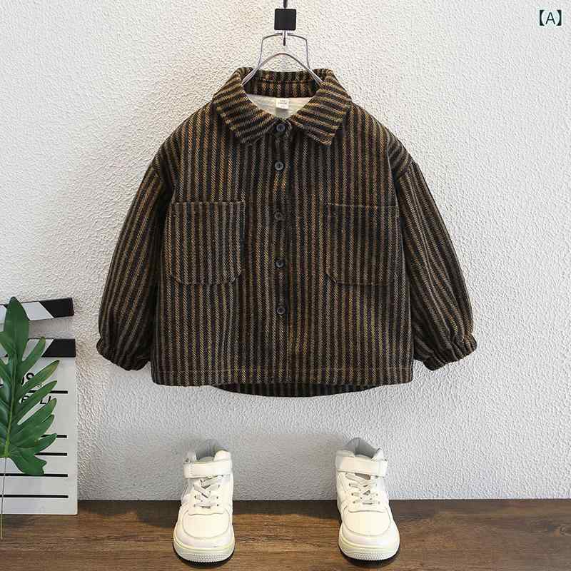 シャツ 男の子 キッズ 秋冬 裏起毛 厚手 保温 ストライプ 長袖 レトロ カジュアル ソフト加工 ポリエステル 防寒 普段使い お出かけ ブラウン系 ダークグレー