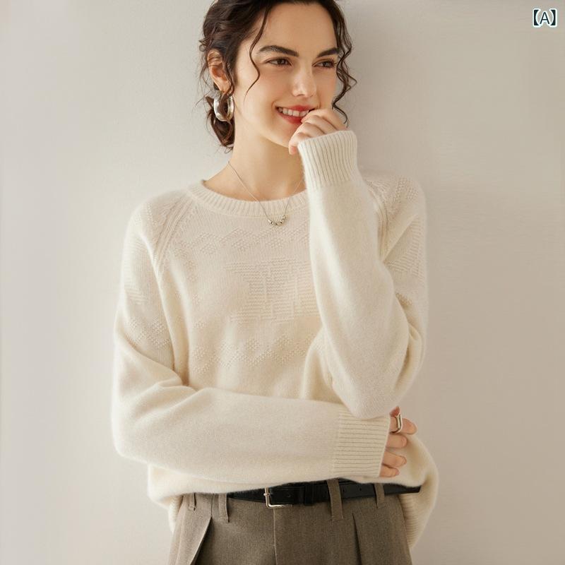 セーター レディース カシミヤ ニット 長袖 ラウンドネック ゆったり ルーズシルエット 保温性 暖か 秋冬 上品 カジュアル 通勤 オフィス ミドル丈 ホワイト 青緑 カーキ