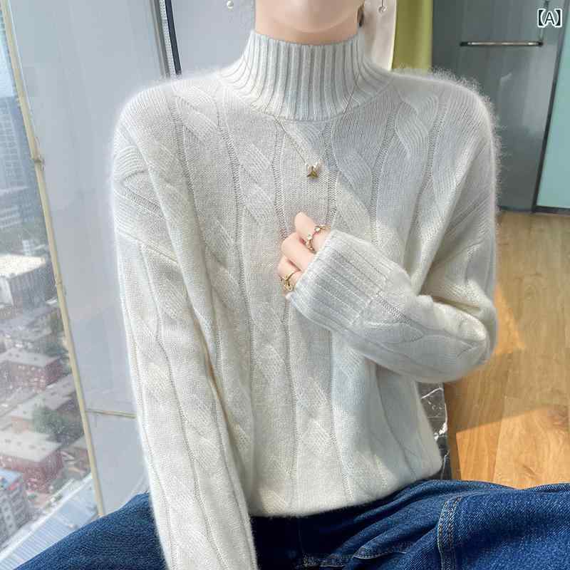 ニット レディース 女性用 カシミヤ 羊毛 ハイネック モックネック 秋冬 ゆったり ルーズフィット 厚手 肉厚 暖かい 保温性 上品 通勤 重ね着｜ラ・グラーヌ