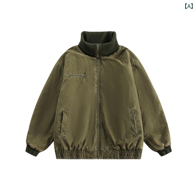 ジャケット メンズ ハイネック 中綿アウター ウォッシュ加工 ユーズド加工 ジップアップ 防寒 厚手 ルーズシルエット カジュアル ストリート 秋冬 男性用