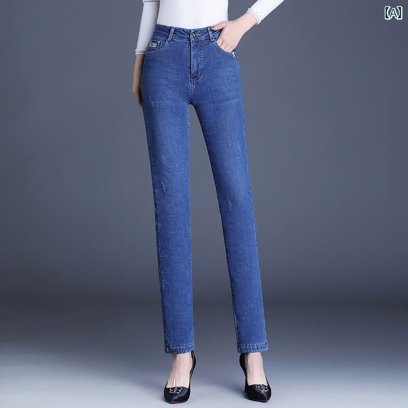 デニムパンツ レディース 女性用 ハイウエスト スキニー 裏起毛 厚手 大きいサイズ ロング丈 高級感 秋冬 綿混 暖か 防寒 美脚 カジュアル｜ラ・グラーヌ