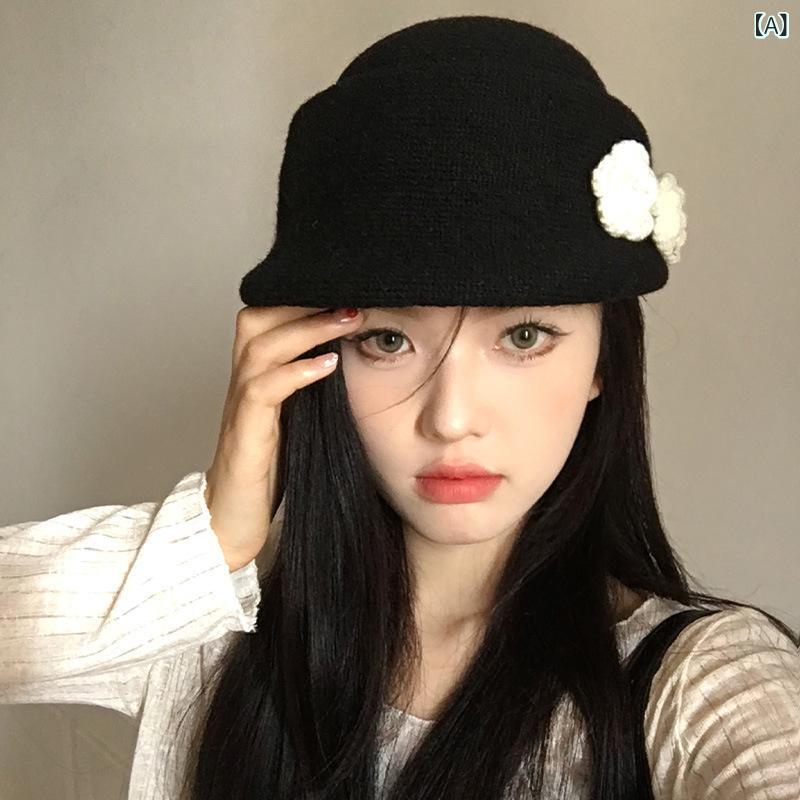 ベレー帽 レディース 韓国風 インスタ風 花柄 フラワー ニット 小顔効果 あったか 防寒 防風 秋冬 ブラック 黒 個性的 キャスケット コットン 女性用