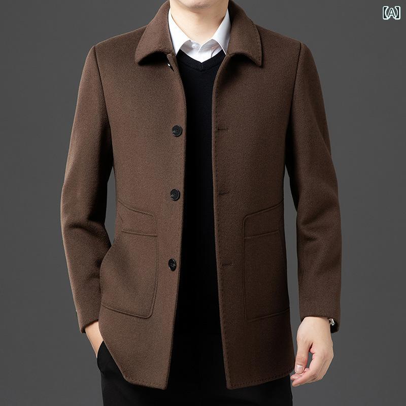 コート メンズ 男性用 ダブルフェイス カシミヤブレンド ウール 上質 高級感 厚手 保温 防寒 ビジネス カジュアル 通勤 普段使い アウター 細身 ロング丈 襟付き シングルブレスト 脱着可能ライナー 無地 秋冬
