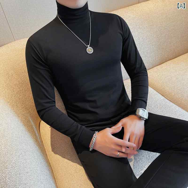 Tシャツ メンズ ハイネック 長袖 裏起毛 無地 スリムフィット 秋冬 インナーシャツ 重ね着 トップス 再生繊維 綿混 普段使い カジュアル 韓国風 ブラック ホワイト レッド カーキ ブラウン