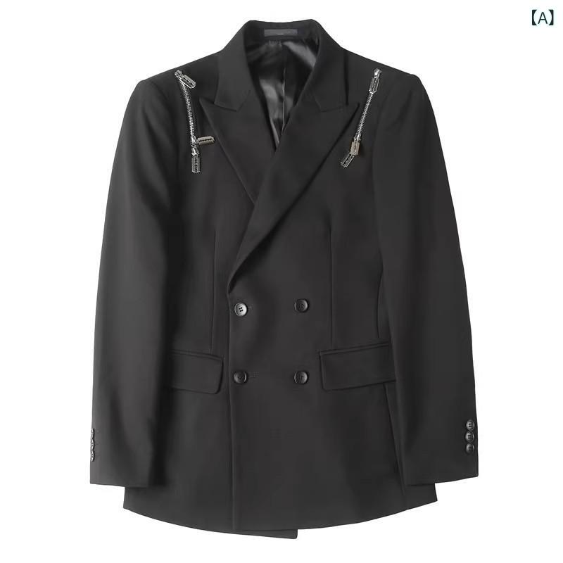 テーラードジャケット メンズ 成人男性用 黒いこと 黒 ポリエステル 高品質 ジップかざり付ける パンクテイスト 細身 か細い ダブル乳ぶさ 心地よい 表どおり流行り物 秋冬 アウター