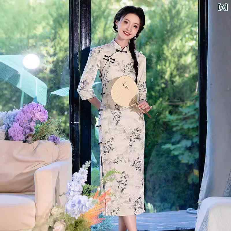 チャイナドレス レディース 小柄 女性用 上品 エレガント 中国風 改良 古風 ロング丈 長袖 秋冬 日常使い 礼服 フォーマル ポリエステル