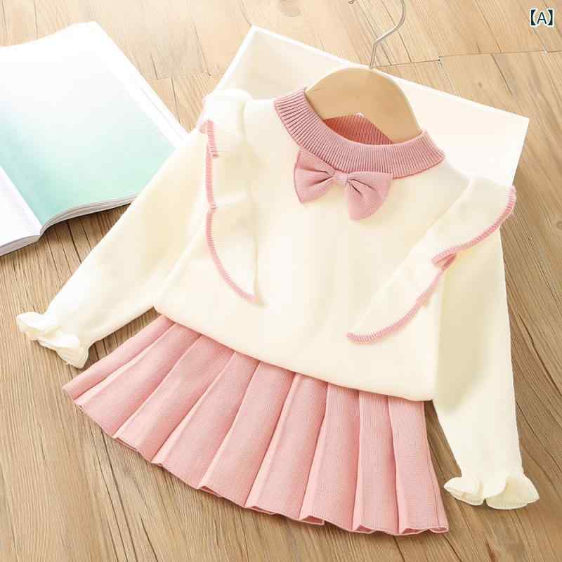 ニットセットアップ キッズ 女の子 秋冬 セーター プリーツスカート 2点セット リボン バイカラー おしゃれ かわいい 普段着 お出かけ 長袖