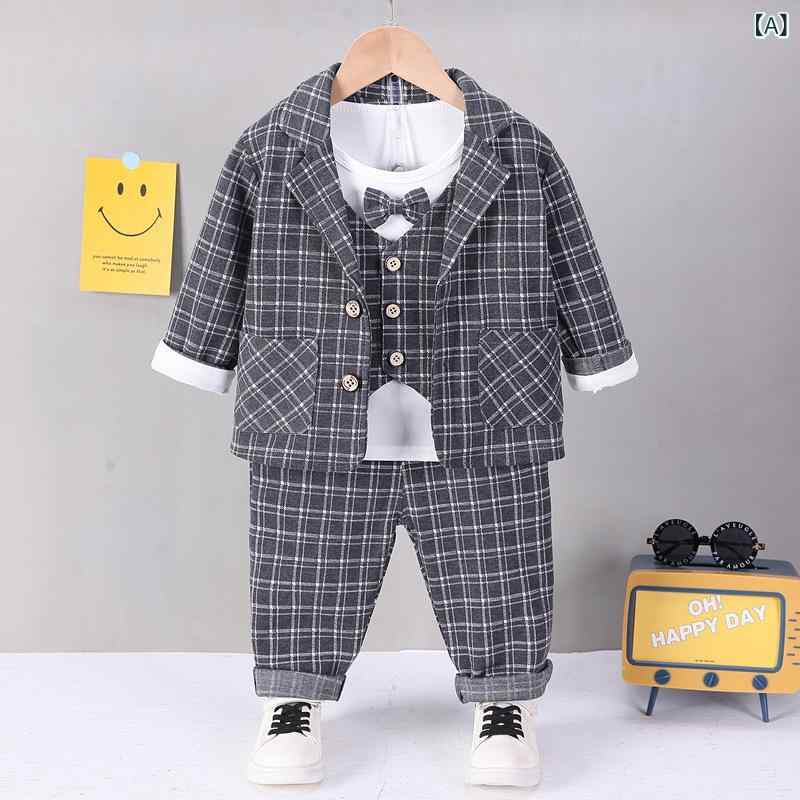 ベビー 男の子 スーツ セットアップ 春夏 チェック柄 レイヤード風ジャケット 綿 コットン シングルボタン 韓国風 おしゃれ かっこいい 入園式 発表会 結婚式 フォーマルウェア 幼児 子供服