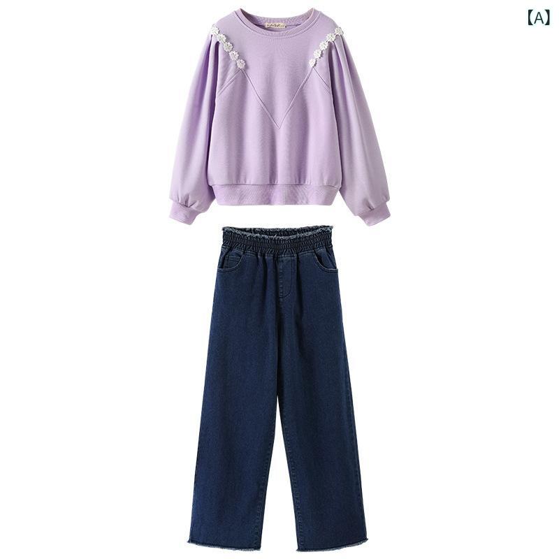 セットアップ 女の子 キッズ ジュニア 韓国風 長袖 スウェット トレーナー デニム ワイドパンツ ロングパンツ 2点セット 花柄 柔らか加工 秋冬 綿混 普段使い 通学 カジュアル パープル ベージュ