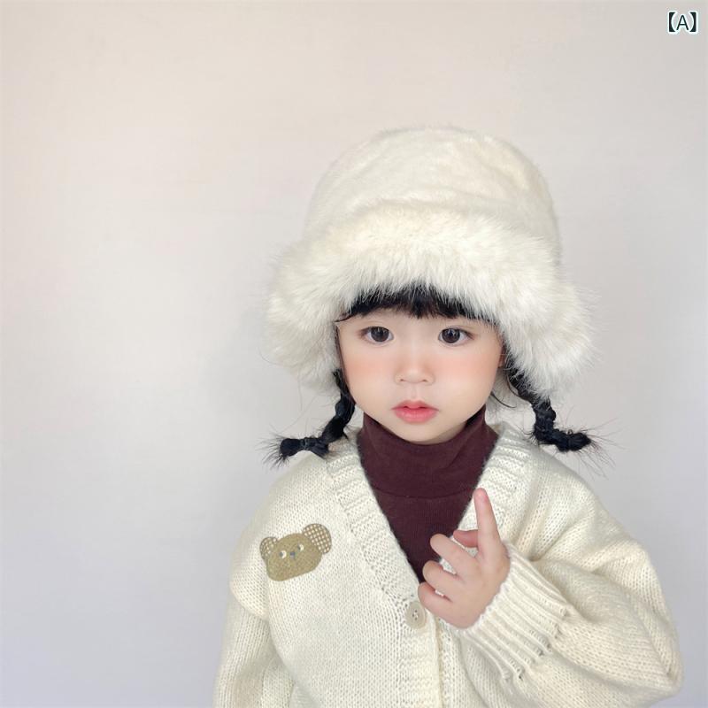 バケットハット キッズ 女の子 モンゴル帽 耳付き あったか 保温 ふわふわ ボア 秋冬 ポリエステル ホワイト ブラウン グレー アイボリー 普段使い お出かけ 通学