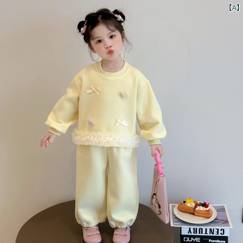 セットアップ キッズ 女の子 かわいい おしゃれ トレンド カジュアル 長袖 スウェット トレーナー ロングパンツ ズボン 2点セット 上下セット 春秋 無地 綿混紡 柔らかい 肌触り イエロー ピンク系