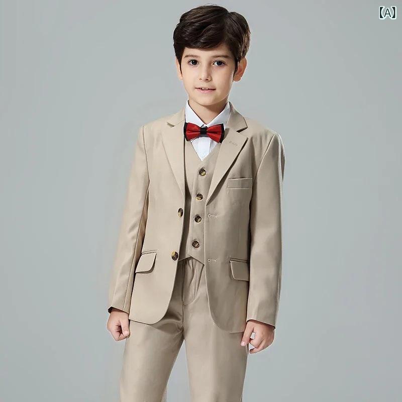 キッズ 男の子 フォーマルスーツ カーキ ジャケット ベスト パンツ セットアップ 誕生日 発表会 結婚式 七五三 入学式 パーティー スタイリッシュ ブリティッシュ ポリエステル 春夏