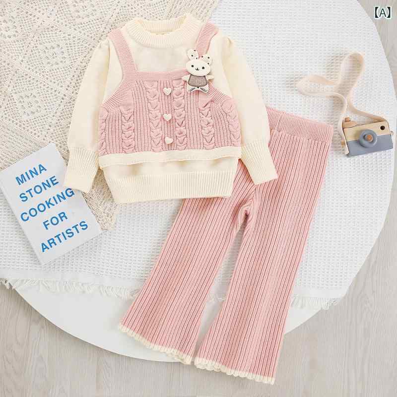 ニットセットアップ 女の子 キッズ 子供服 長袖トップス ロングパンツ フェイクレイヤード 重ね着風 かわいい おしゃれ 韓国ファッション 2点セット 柔らか素材 秋冬 普段使い 通園 通学