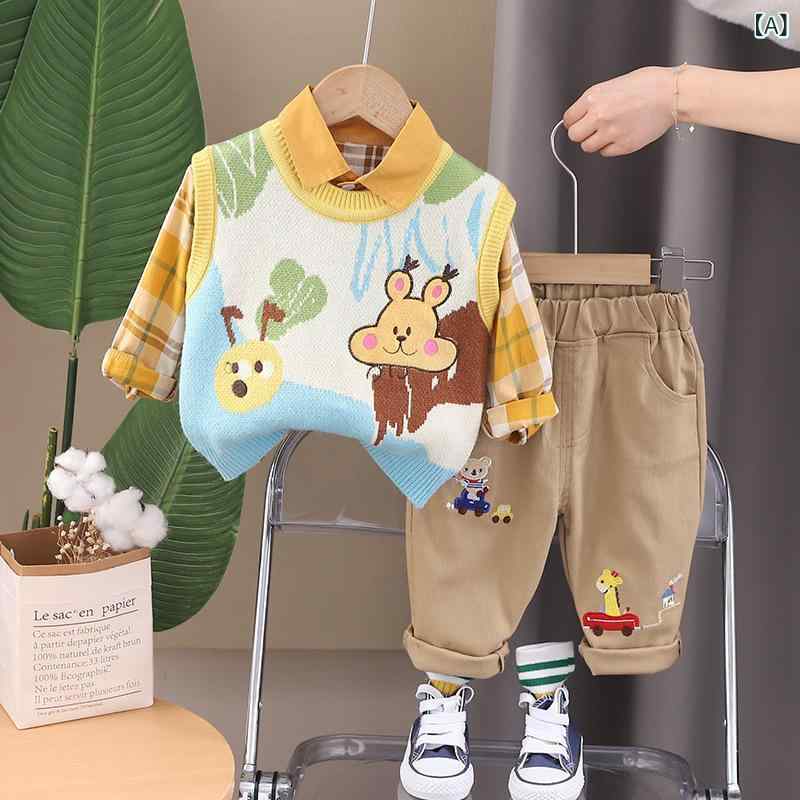 セットアップ ベビー 男の子 春秋 韓国風 キャラクター ミツバチ ニット セーター 長袖 コットン 綿 3点セット カジュアル おしゃれ かわいい 普段使い おでかけ キッズウェア