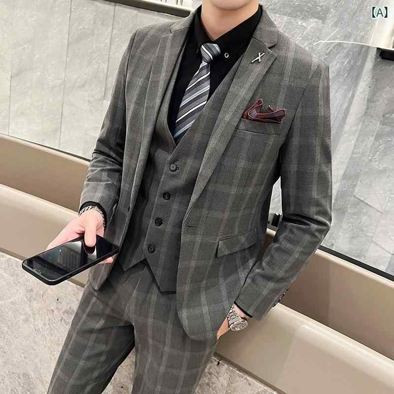スーツ メンズ 軽ビジネス オフィス 通勤 洗練された グレンチェック スリムフィット スリーピース セットアップ 再生繊維混紡 グレー系 ブラック 秋冬｜ラ・グラーヌ