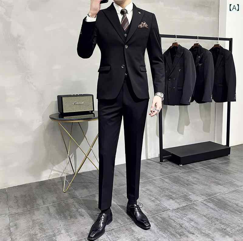 スーツ メンズ 男性用 スリーピース 3点セット ビジネス フォーマル オフィス 通勤 ビジネスカジュアル ノーアイロン シワになりにくい スリムフィット 細身 ポリエステル 化学繊維混紡 セットアップ ブラック ライトグレー ダークグレー カーキ