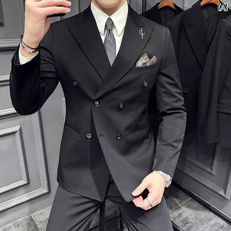 背広 メンズ スリー天下太平 セットアップ ピークドラペル ダブル前胸部 姿勢ベンツ か細い相応う 飛び切り感 フォーマル 礼服 商行為 烏兎 綿混紡 アセテート混紡 黒いこと系 緑であること系 赤銅色系