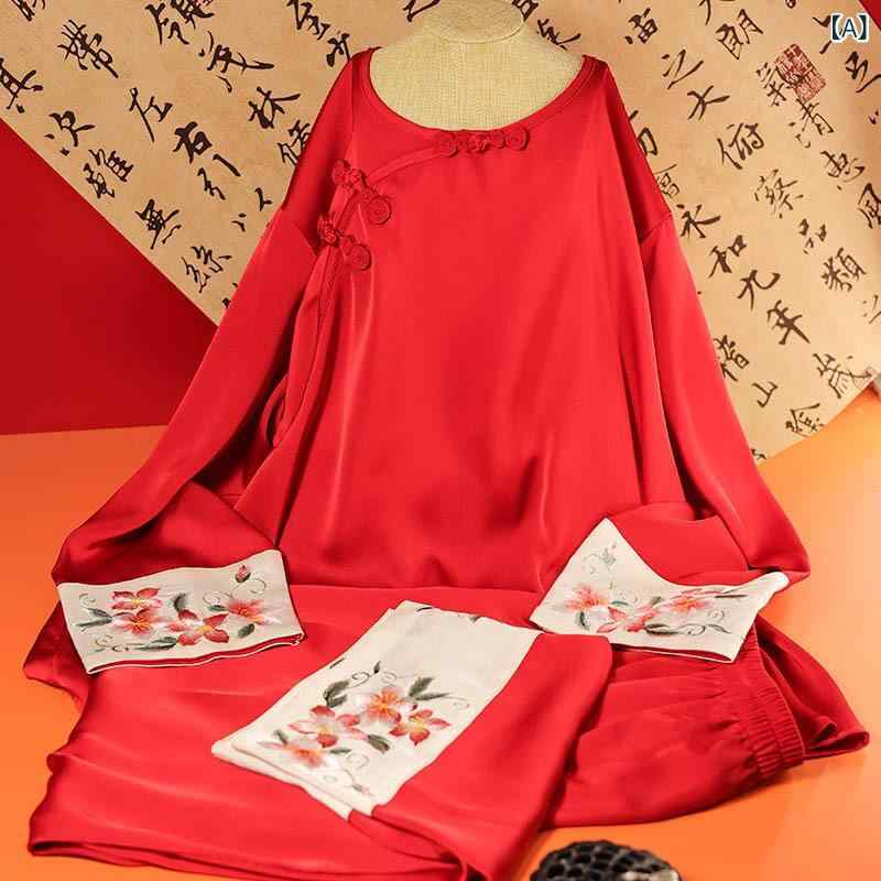 パジャマ レディース 蘇州刺繍 アセテート シルク チャイナボタン 上下セット ゆったり 薄手 クルーネック エレガント ルームウェア 部屋着 九分袖 長ズボン