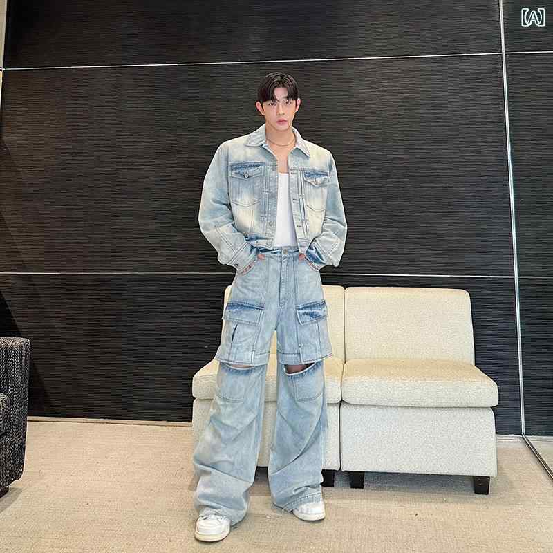 ジーンズ メンズ セットアップ 上下仕掛ける 心地よい プルオーバー 長袖 ロングズボン下 重厚感 立体断ち切る ウォッシュ産業 立体衣嚢 取りはらい能力のある 青色