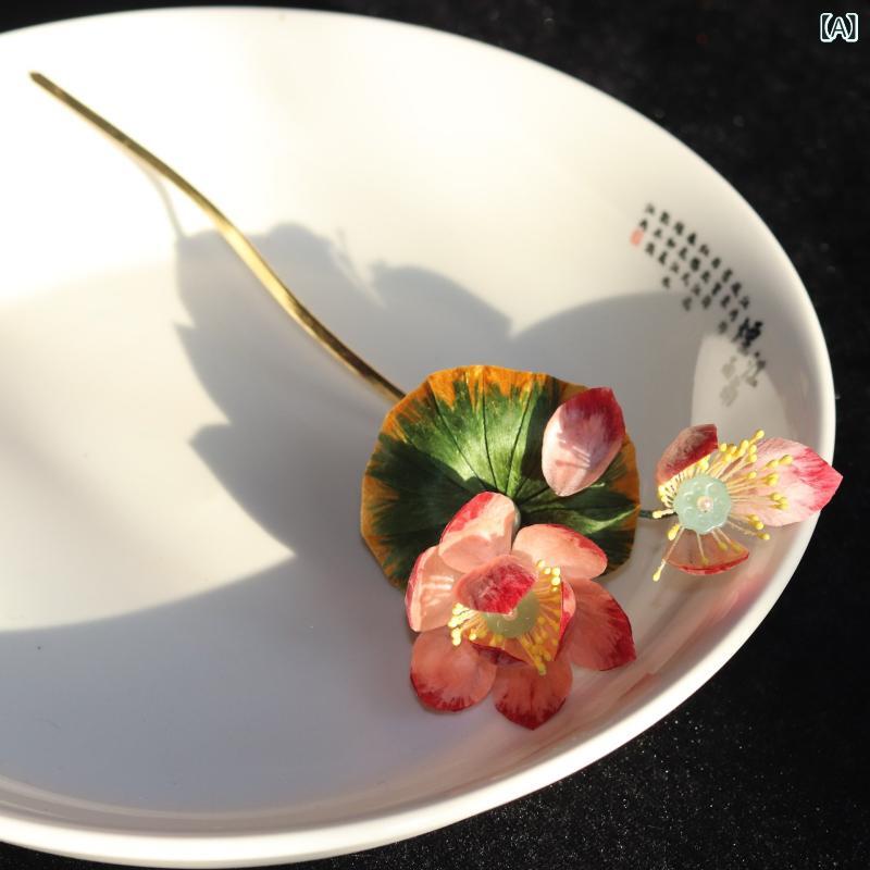 簪 中国古典 レトロ 蓮の花 蓮の葉 シルク 絨花 パール パール 髪飾り 和装 浴衣 結婚式 華やか イベント 上品 ヘアアクセサリー 春夏