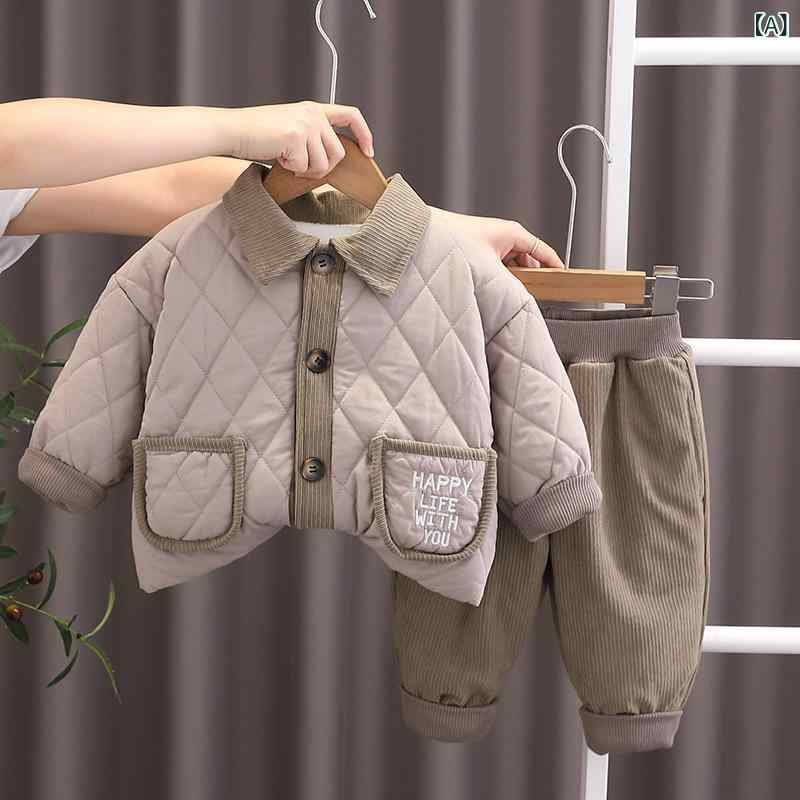 キッズセットアップ 男の子 男児 ベビー 幼児 冬物 厚手 裏起毛 綿 コットン 襟付き チェック柄 長袖トップス 長ズボン カジュアル 韓国風 かわいい おしゃれ カーキ