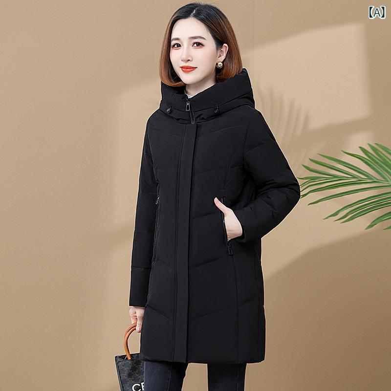 ダウンジャケット レディース 女性用 ミセス 冬 ミドル丈 ミディアム丈 ゆったり ルーズ おしゃれ 上品 エレガント 通勤 オフィス 防寒 暖かい 保温 着痩せ スリム 細見え 厚手 超厚 ホワイトダックダウン ポリエステル フード付き ジップアップ |ラ・グラーヌ