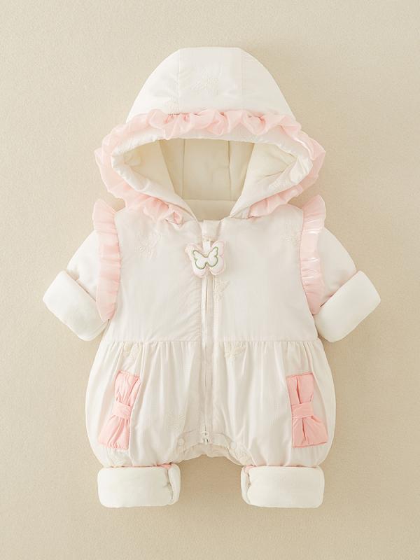 ロンパース 女の子 ベビー 秋冬 保温 防寒 かわいい 上品 エレガント 中綿 アウター 裏起毛 フリース 厚手 防風 ポリエステル 長袖 フード付き お出かけ カバーオール ピンク系 韓国風