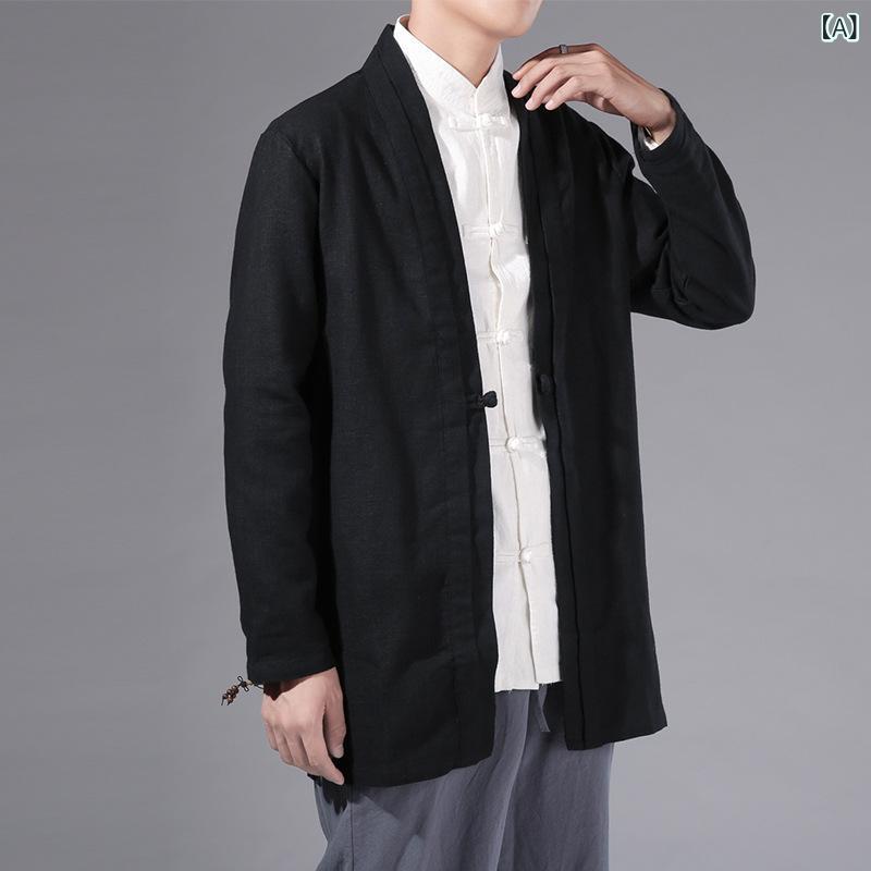 ジャケット メンズ 中華風 チャイナ風 唐装 漢服風 レトロ ヴィンテージ 羽織り オープンカラー 綿麻 リネン 亜麻 禅服 瞑想着 作務衣風 春 秋物