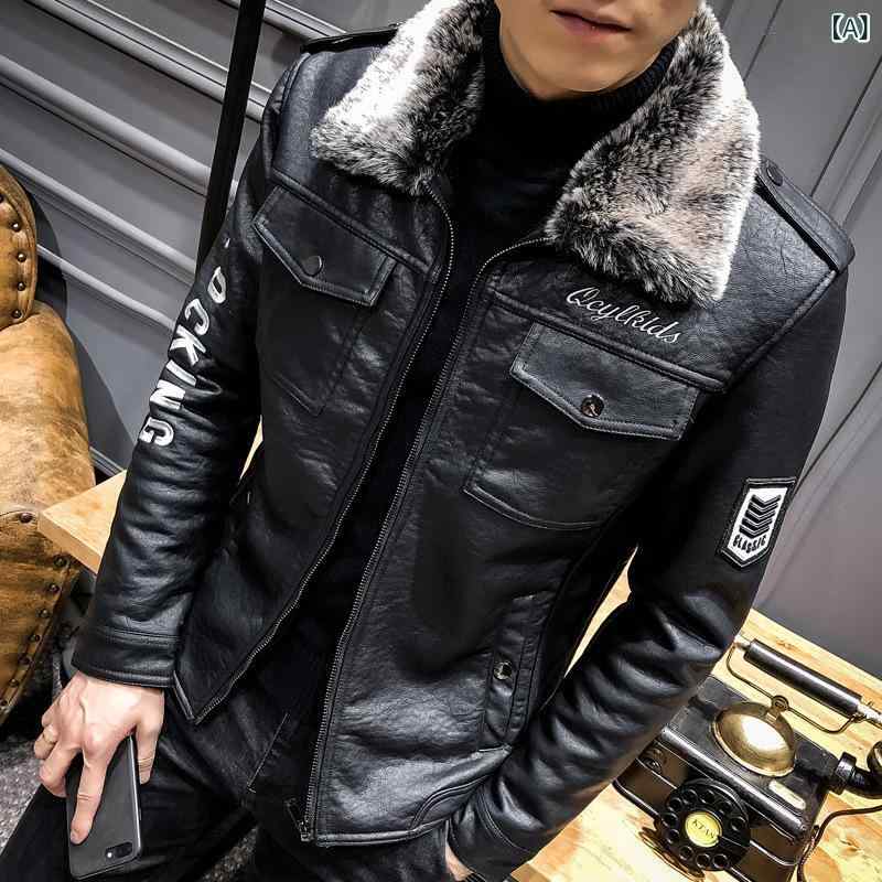 革ジャン メンズ 男性用 PUレザー ライダース スリム 細身 韓国風 厚手 裏ボア ジップアップ 立ち襟 ポリエステル裏地 ブラック 黒色 カジュアルアウター 秋冬 多機能ジップポケット