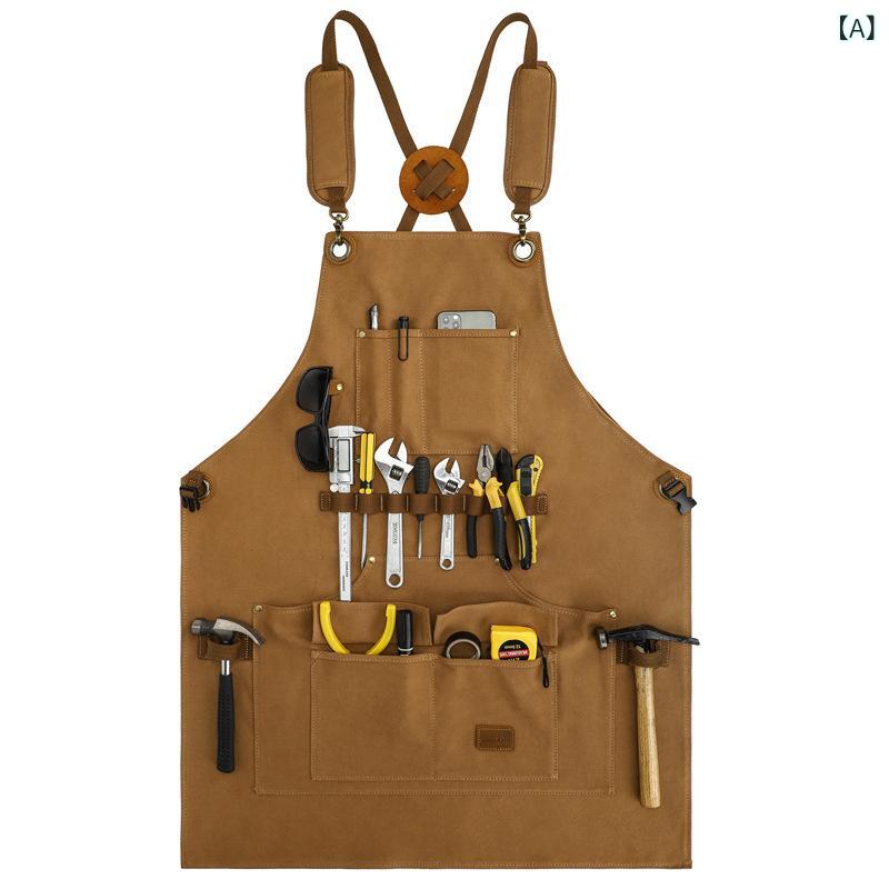 エプロン 男女兼用 キッチン 作業用 カフェ ガーデニング DIY 料理教室 多機能ポケット 大容量 厚手 丈夫 耐摩耗 撥水 防汚 帆布 ノースリーブ シンプル 無地