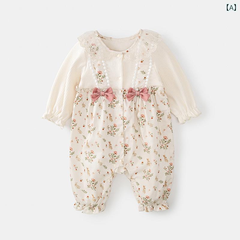 ロンパース 新生児 女の子 長袖 小花柄 うさぎ柄 リボン ボディスーツ カバーオール かわいい 上品 春秋 ポリエステル 肌に優しい ベビー服 お出かけ着 普段使い