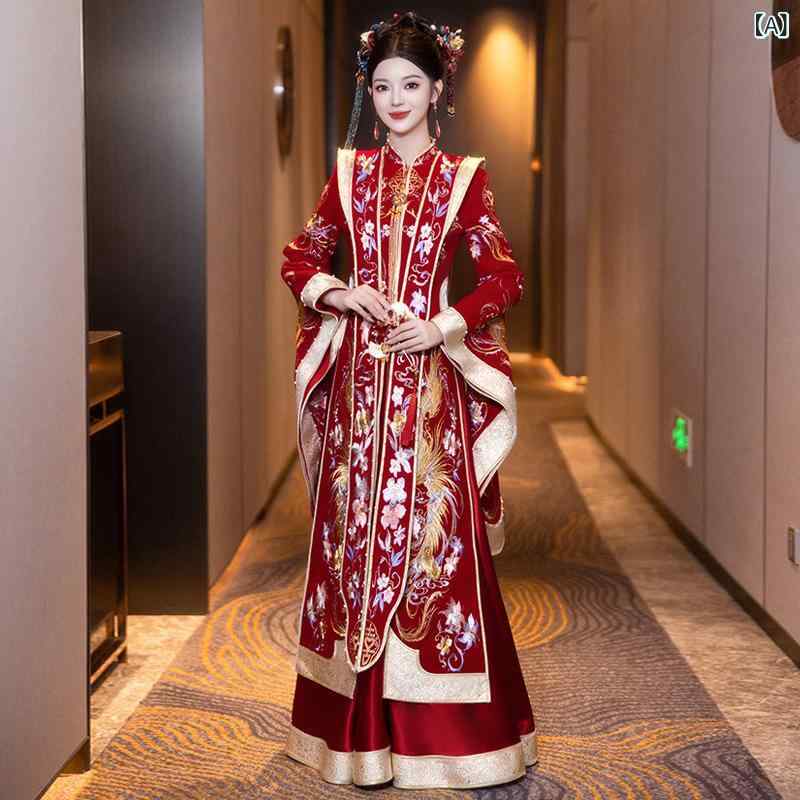 華燭の典御召しもの レディース 秀禾服 中国風 華燭の典 花嫁御寮御召しもの 里帰り用 ポリエステル 照明ランプ色つや 長袖 ご機嫌酉の方角 立体主題 スレンダーライン 鳳冠霞・示 龍鳳褂