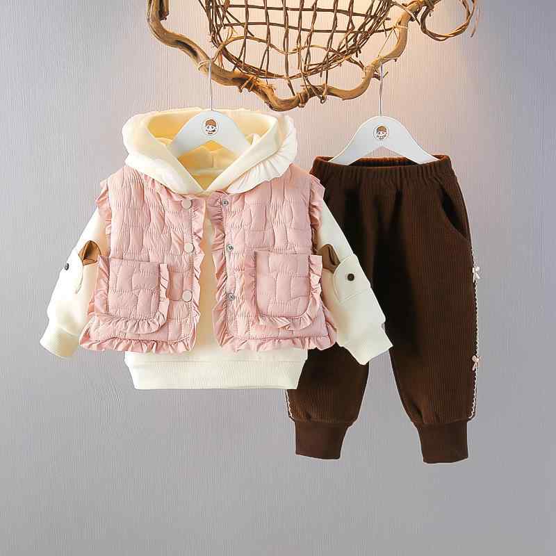 キッズセット 女の子 ベビー 1歳 2歳 3歳児向け フード付き 裏起毛 パーカー ロングパンツ 3点セット 厚手 綿混 保温 防寒 カジュアル 外出着 普段使い お出かけ 秋冬 ピンク系