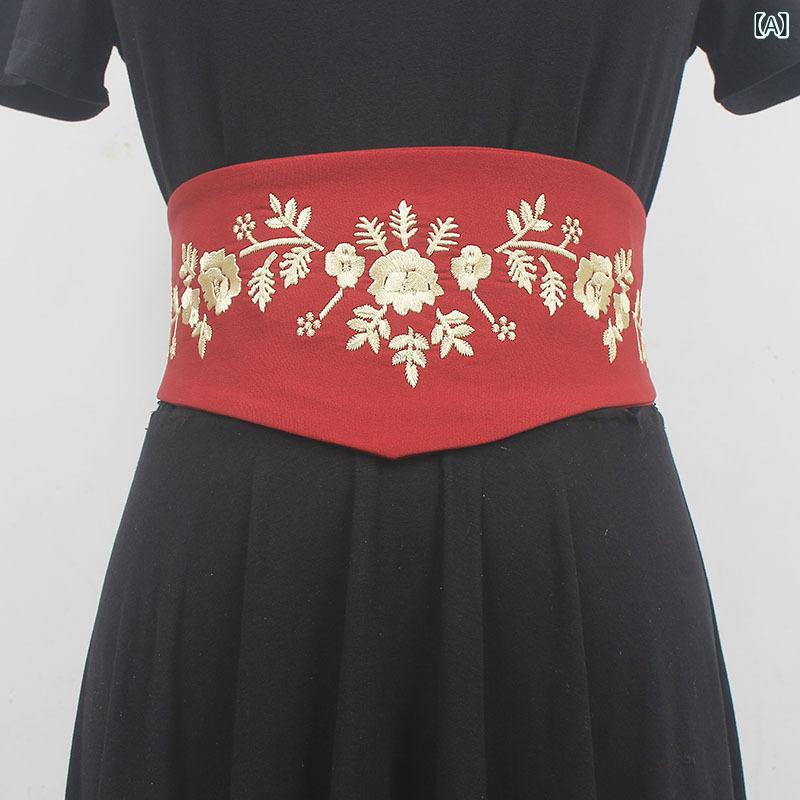 ウエストベルト レディース 刺繍 布製 幅広 レトロ 両面 梅花柄飾り オリエンタル ドレス ワンピース チャイナ風 レッド ブラック グリーン キャメル ネイビー ファッション小物 ゴムウエスト
