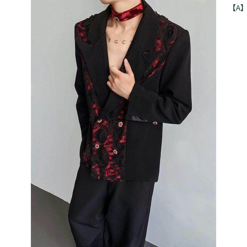 ジャケット メンズ フォーマル 礼服 ベロア ベルベット 立体ローズ バラ 刺・墸 宝石装飾 紐タイ リボン テーラードジャケット ゆったり ルーズフィット ピークドラペル 長袖 秋冬 ブラック ポリエステル 再生繊維|ラ・グラーヌ