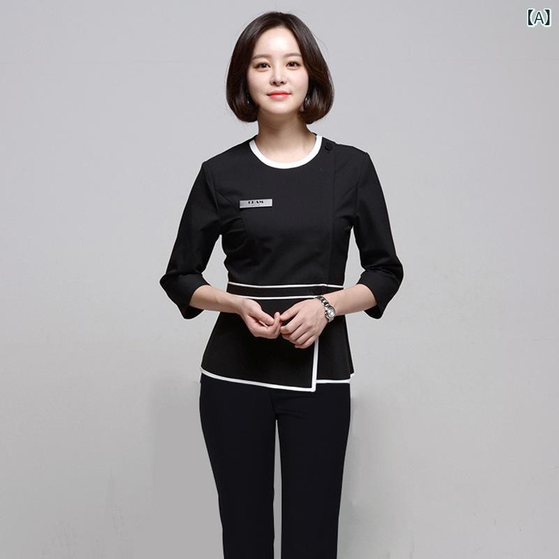 制服 セットアップ レディース 韓国風 エステティシャン ネイリスト 美術メイク スパ 揉み療治 外科手術着 吸湿速乾 ポリエステル ズボン下 スコート 黒いこと 薄墨色