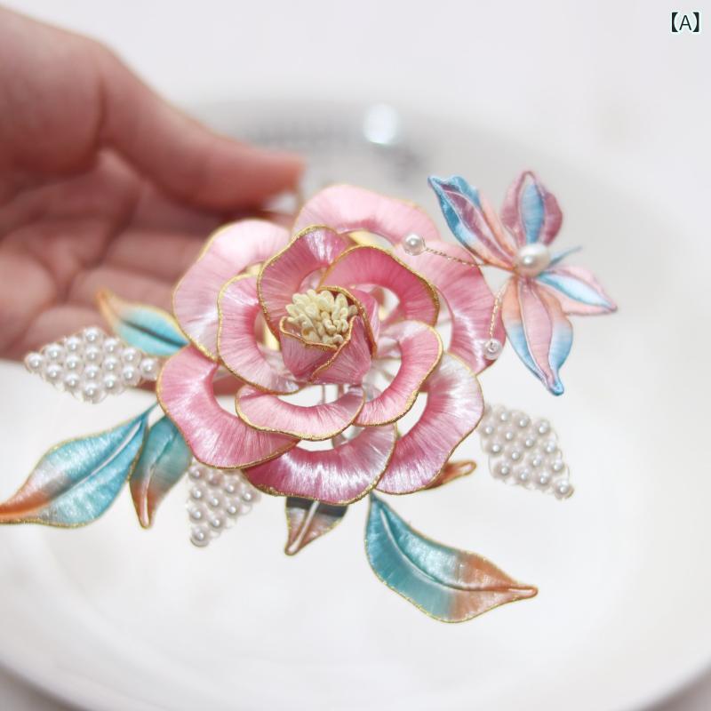 簪 巻き花細工 蝶牡丹 パール 花モチーフ 古風 レトロ 漢服 チャイナドレス 時代衣装 ヘアコーム 髪飾り 結婚式 撮影