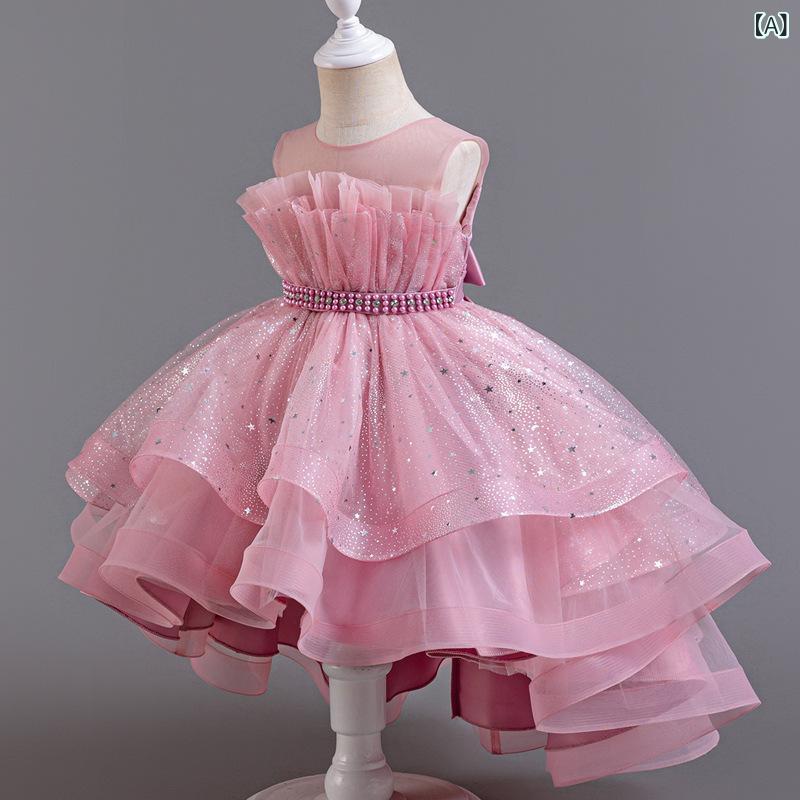 ドレス キッズ 女の子 プリンセス お姫様 ロング丈 トレーン ふわふわチュール フォーマル 結婚式 ウェディング 発表会 誕生日 パーティー セレモニー フラワーガール 春夏 チュール レース Aライン ピンク系 ワインレッド シャンパン ホワイト