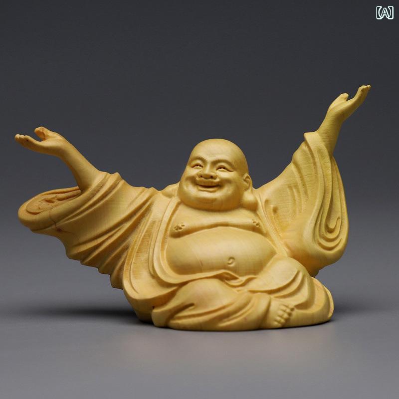 置物 黄楊木 弥勒菩薩 仏像 木彫り 笑い顔 両手上げ 太鼓腹 開運招福 縁起物 リビング インテリア 飾り 福の神 布袋様