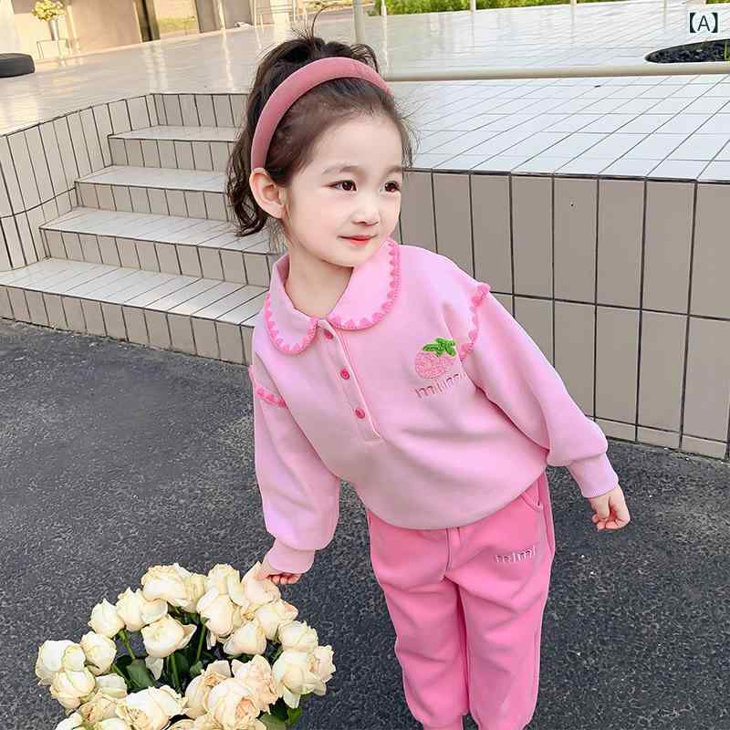 キッズ 女の子 カジュアル スウェット 上下セット 長袖 ロングパンツ イチゴ柄 韓国風 かわいい 綿混 柔らかい 肌触り ピンク グリーン 春秋