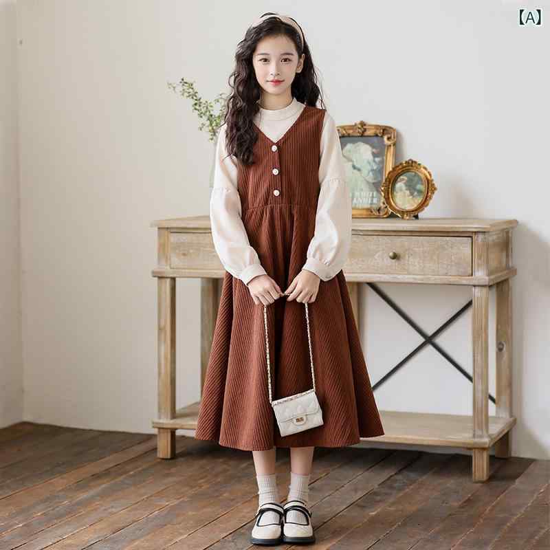 ワンピース 女の子 キッズ 子供 ジュニア 秋冬 長袖 スタンドカラー フェイクツーピース ドッキング プリンセス Aライン フレア コーデュロイ ポリエステル 裏起毛 韓国風