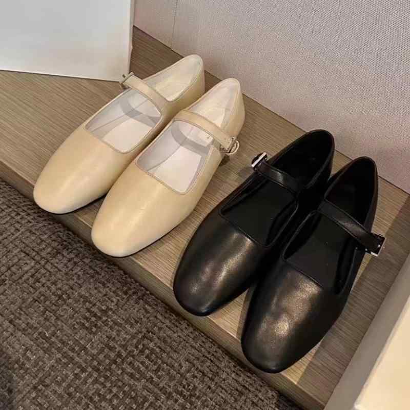 パンプス レディース メリージェーン フラットシューズ 本革 羊革 ワンストラップ 浅履き ラウンドトゥ レトロ クラシック フレンチスタイル 万能 デイリー ブラック アイボリー